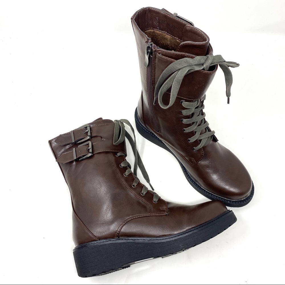 New in Box Brown Platform Vegan Leather Mid Shaft Buckle Zip Up Moto Boots